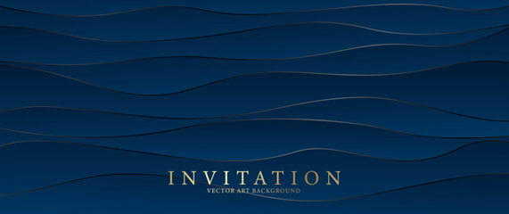 Dark blue elegant vector abstract background with waves and gold lines. Modern premium 3d gradient illustration for cover design, card, flyer, poster, luxe invite, prestigious voucher and invitation.