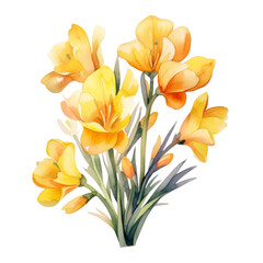 Fototapeta na wymiar Bouquet of Beautiful Blooming Yellow Freesia Flower Botanical Watercolor Painting Illustration