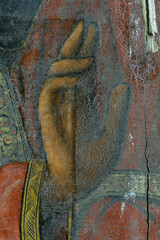 restoration of painting. fragment with probing in the process of restoration. old painting.