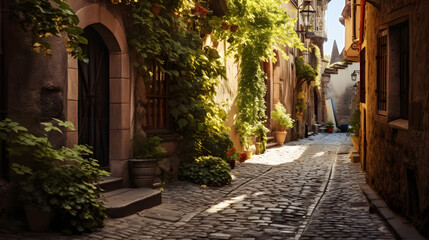 A narrow alley in an old European town with cobblestones and hanging plants.