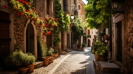 A narrow alley in an old European town with cobblestones and hanging plants.