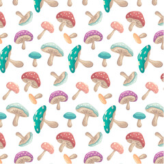 Vintage seamless pattern with watercolor mushrooms on a white background. Magic mushrooms. Pattern for fabric and children's clothing. Vector image.