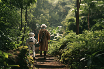 Companionship Redefined: A Senior’s Walk with a Robotic Assistant in Nature - obrazy, fototapety, plakaty