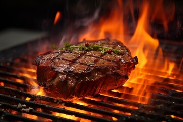 Grilling steak on flaming 