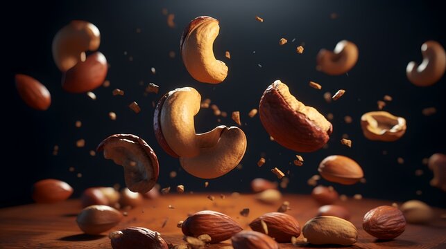 Flying Nuts On A Black Background. 3d Rendering, 3d Illustration.