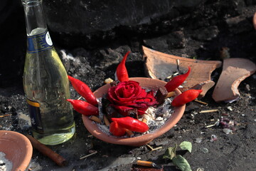 Macumba offering consisting of a rose amidst red peppers on a broken ceramic plate