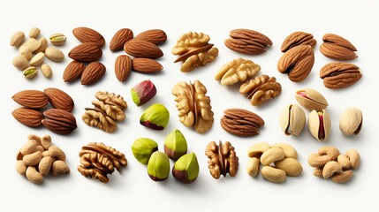 Different kinds of nuts on a white background. Top view. Flat lay