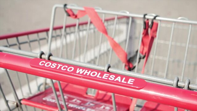 costco wholesale red silver shopping cart close up on costco wholesale writing caption text on handle close up in summer shot on angle