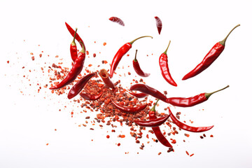 Scattered pieces of fiery pepper placed solo on a blank canvas.