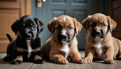  a group of three puppies sitting next to each other on top of a hard wood floor in front of a blue door with a blue door in the background.