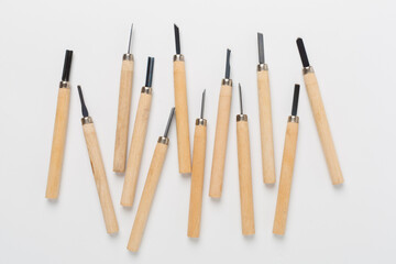 Carpenter tools on color background,top view