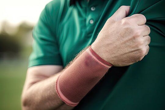 sports elbow pain man golf course holding arm game massage relief health wellness green zoom hands muscle support golfer ache golfing workout