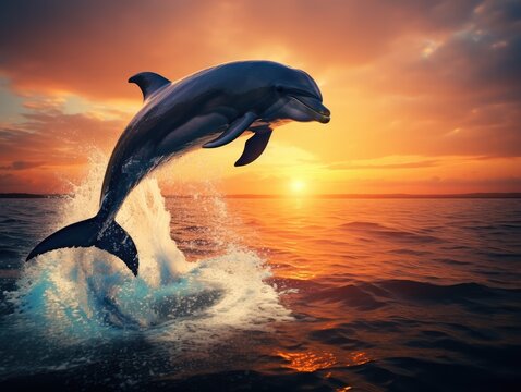 dolphin jumping at sunset