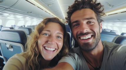 Young handsome couple taking a selfie on the airplane during flight around the world. They are a man and a woman, smiling and looking at camera. Travel, happiness and lifestyle concepts.