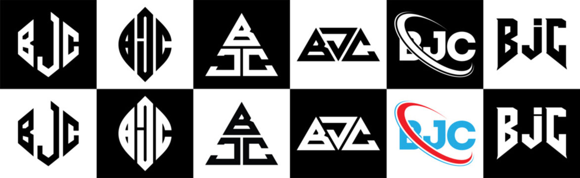 BJC letter logo design in six style. BJC polygon, circle, triangle, hexagon, flat and simple style with black and white color variation letter logo set in one artboard. BJC minimalist and classic logo