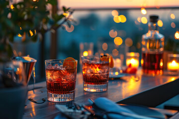 Negroni terrace sunset, a sophisticated outdoor setting with friends enjoying Negronis on a terrace at sunset, warm hues and city lights in the background.