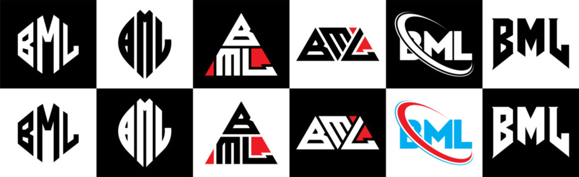 BML letter logo design in six style. BML polygon, circle, triangle, hexagon, flat and simple style with black and white color variation letter logo set in one artboard. BML minimalist and classic logo
