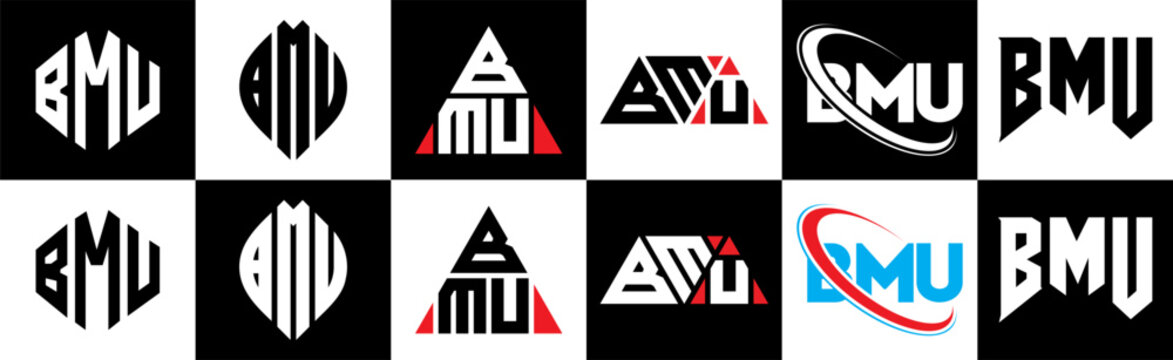 BMU letter logo design in six style. BMU polygon, circle, triangle, hexagon, flat and simple style with black and white color variation letter logo set in one artboard. BMU minimalist and classic logo