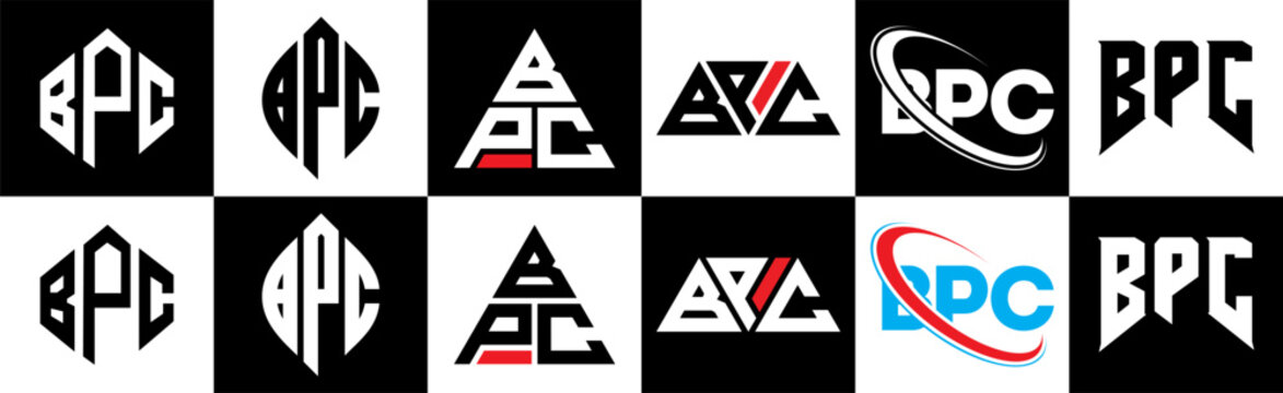BPC letter logo design in six style. BPC polygon, circle, triangle, hexagon, flat and simple style with black and white color variation letter logo set in one artboard. BPC minimalist and classic logo