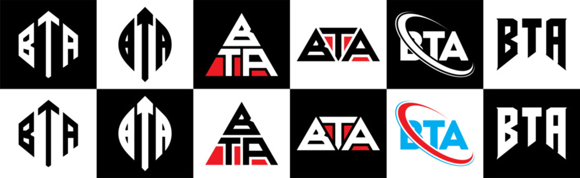 BTA letter logo design in six style. BTA polygon, circle, triangle, hexagon, flat and simple style with black and white color variation letter logo set in one artboard. BTA minimalist and classic logo