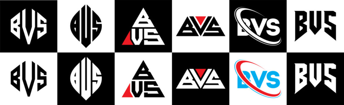 BVS letter logo design in six style. BVS polygon, circle, triangle, hexagon, flat and simple style with black and white color variation letter logo set in one artboard. BVS minimalist and classic logo