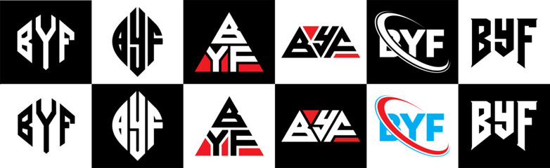 BYF letter logo design in six style. BYF polygon, circle, triangle, hexagon, flat and simple style with black and white color variation letter logo set in one artboard. BYF minimalist and classic logo