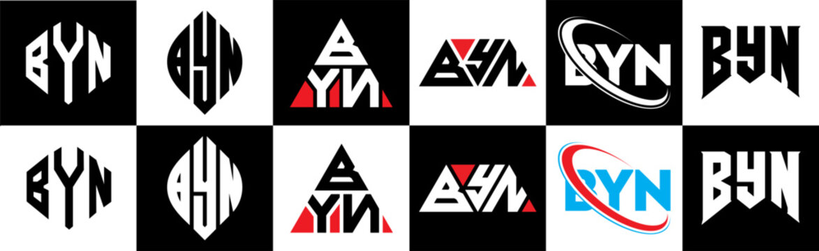 BYN letter logo design in six style. BYN polygon, circle, triangle, hexagon, flat and simple style with black and white color variation letter logo set in one artboard. BYN minimalist and classic logo