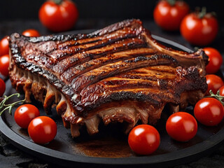 back ribs grilled on a grill tray with red tomatoes