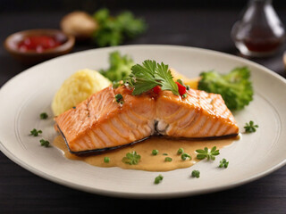 fried salmon dish with sauce