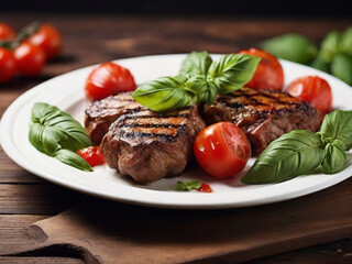 grilled meat with basil and tomato