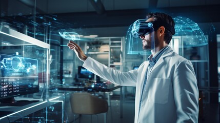 Fototapeta premium Scientist using a virtual reality headset to engage with simulated environments in the laboratory.