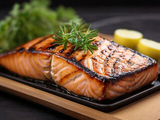 Grilled Salmon Steak Ready to serve on a tray