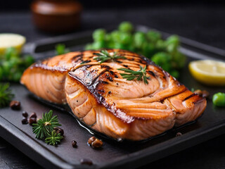 Grilled Salmon Steak Ready to serve on a tray
