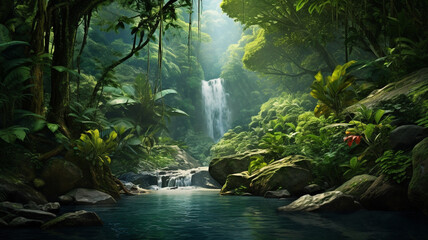 Lush tropical rainforest with dense foliage and cascad