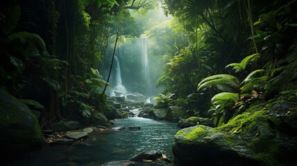 Lush tropical rainforest with dense foliage and cascad - obrazy, fototapety, plakaty