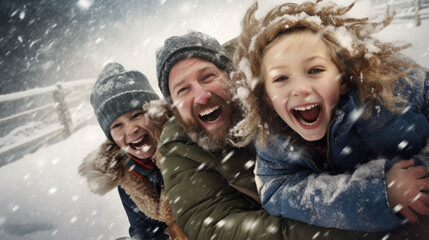 Fototapeta na wymiar Winter fun, snow, family sledding at winter time