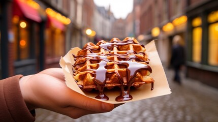 Fototapeta premium Traveler enjoys famous local street delicacy - Belgian delectable waffle drizzled with rich chocolate sauce amidst the bustling tourist streets