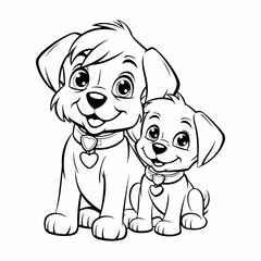 cute dog outline illustration, coloring page for kids , dog outside the house