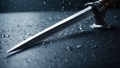  a knife sitting on top of a table next to a knife with a blade sticking out of it's blade, on a wet surface with drops of water. - obrazy, fototapety, plakaty