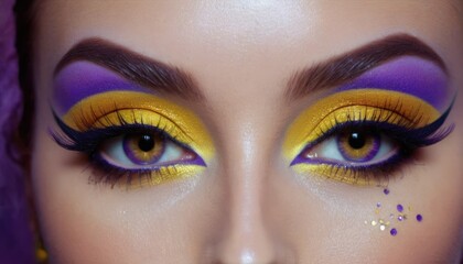  a close up of a woman's face with yellow and purple eyeshades and gold glitters on her eyelashes and her face is wearing a purple and gold earring. - obrazy, fototapety, plakaty