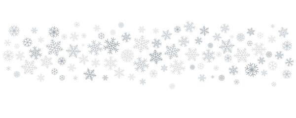 Christmas snowflakes background. Winter silver snow border decoration, greeting card. Noel subtle frame backdrop. Vector illustration