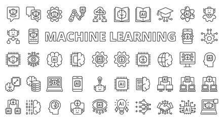 Machine learning icons line design. Machine, learning, ai, ml, artificial, deep learning, chip, brain, neuron, analysis, intelligence vector illustrations. Machine learning editable stroke icons. - obrazy, fototapety, plakaty