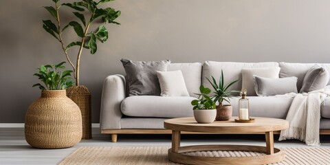 Rustic coffee table with potted plant and woven basket next to gray couch in lounge. - obrazy, fototapety, plakaty