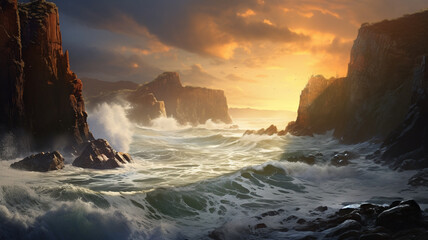 rugged coastal cliffs crashing waves - obrazy, fototapety, plakaty