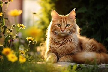 ginger kitty. Summer. A cat among the grass in the country. Farm cute red cat on nature