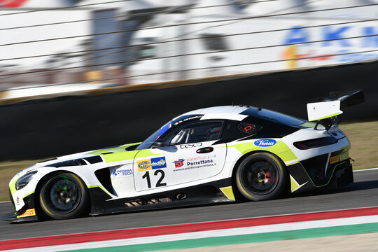 Scarperia, 29 September 2023: Mercedes Sls Amg of team Akm Motorsport drive by Marco Antonelli in action during practice of Italian Championship at Mugello Circuit. Italy.