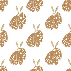 A cute moth character covers his face with one roof. Vector illustration. Seamless pattern on a white background. Vector illustration
