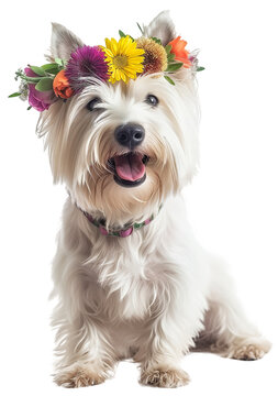 A happy sitting white highland terrier dog wearing a flower crown isolated on a transparent background