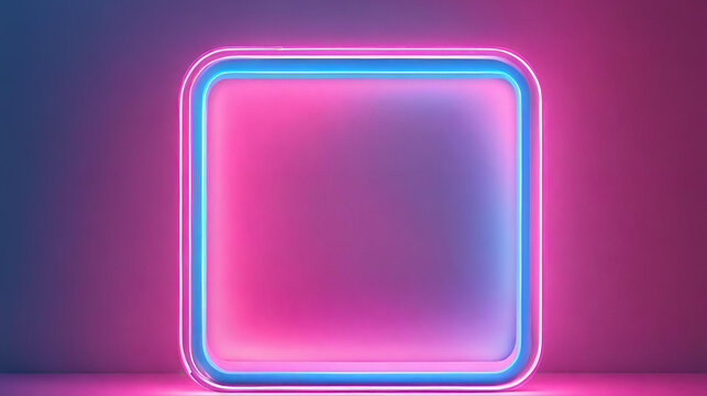 Glowing neon light frame on dark background, A neon box with a blue and purple background, Purple and blue neon frame with reflection effect realistic square neon banner with glowing border