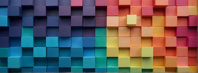 Abstract geometric rainbow colors colored 3d wooden square cubes texture wall background, textured wood wallpaper, banner illustration panorama